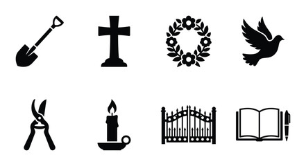 Fototapeta premium Funeral Icons Set, Memorial Vector Graphics, Grief Symbols, Mourning Objects, Cemetery Elements, Remembrance Graphics
