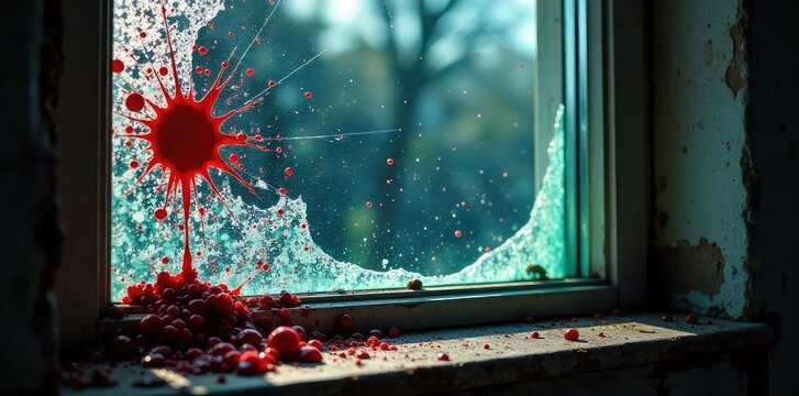 Close-up shot of a shattered window, blood splatter visible on the glass, depicting the aftermath of a violent crime scene Evidence markers are placed nearby , blood, aggression