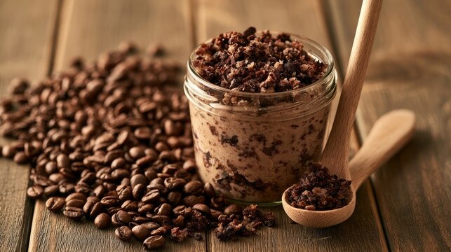 Coffee scrub in jar on wood surface