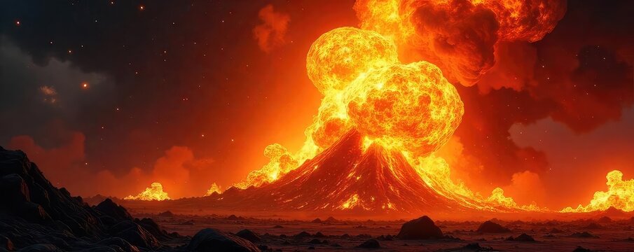 Spectacular fiery explosion, intense heat and bright orange, yellow, and red flames engulfing the darkness  Perfect for fantasy, sci-fi, or destruction themes ,  flames,  sci-fi,  devastation