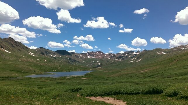 Scenic lake and mountain vista on a bright, clear day