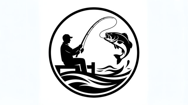 Silhouette of a fisherman sitting on a dock catching a large fish in a circular emblem