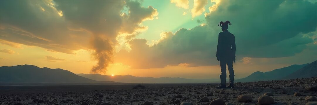 A lone jester figure stands in a desolate, barren landscape, silhouetted against a harsh, unforgiving sky The image evokes feelings of isolation, loneliness, and the absurdity of fate , bells, sky