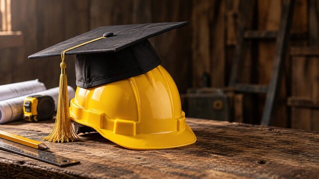 Graduation cap resting on yellow construction hard hat beside blueprints and measuring tools represents trade school education, apprenticeship, technical skills, career readiness, and job training.