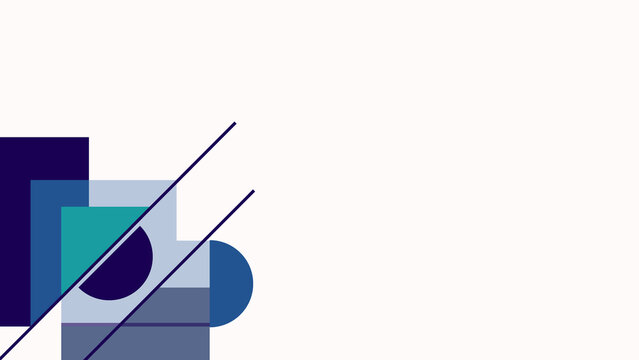 Minimalist geometric composition featuring overlapping blue and teal shapes with diagonal lines on a clean white background for modern design and corporate branding layout