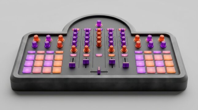 Modern DJ controller with unique tombstone inspired design and colorful buttons