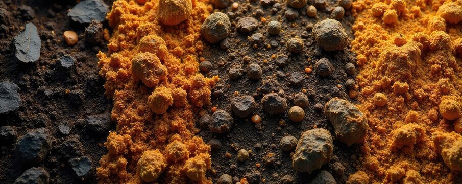Close-up shot of diverse soil textures, revealing intricate patterns and structures, highlighting the complex relationship between soil components and their interconnectedness , texture, soil science