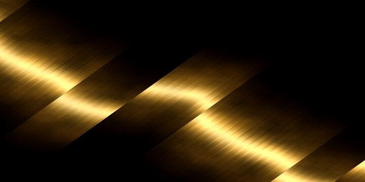 Golden metallic diagonal stripes with bright light reflections on black background for luxury abstract design.
