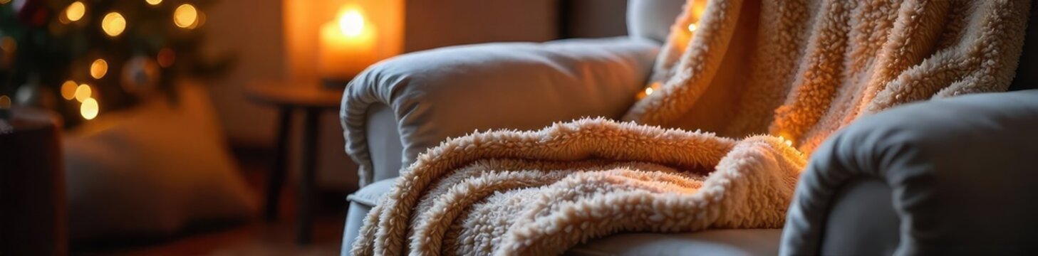 A cozy scene of a heated blanket draped over a plush armchair, radiating warmth and inviting relaxation Perfect for winter comfort, self-care, and hygge-inspired imagery , cozy, inviting, fireplace