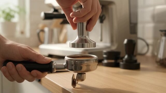 Horizontal close-up video of a barista tamping ground coffee in a portafilter with a metal tamper on a wooden counter
