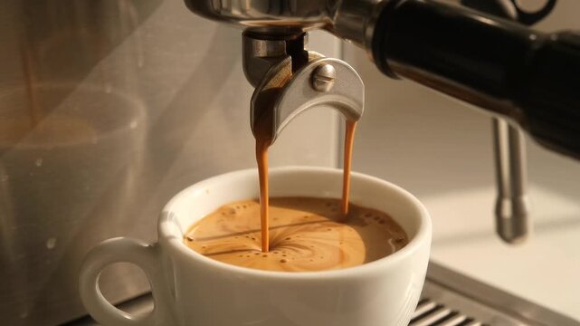 Horizontal close-up video of fresh espresso pouring from a double portafilter spout into a white ceramic cup