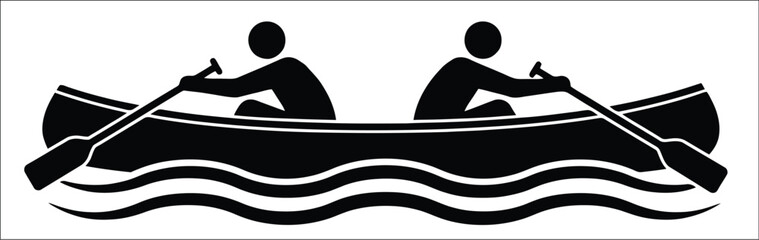 Canoe rowing teamwork icon, black vector illustration of two people paddling a boat on water waves for outdoor sports, recreation, adventure and teamwork concepts. © Abdul