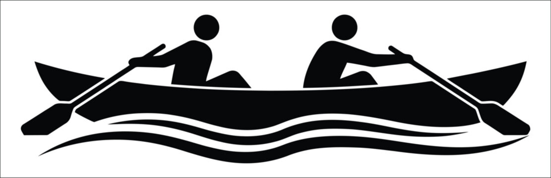 Two person canoe rowing icon, black silhouette vector illustration of paddlers on water waves for teamwork, outdoor sports, recreation, adventure and aquatic activity.