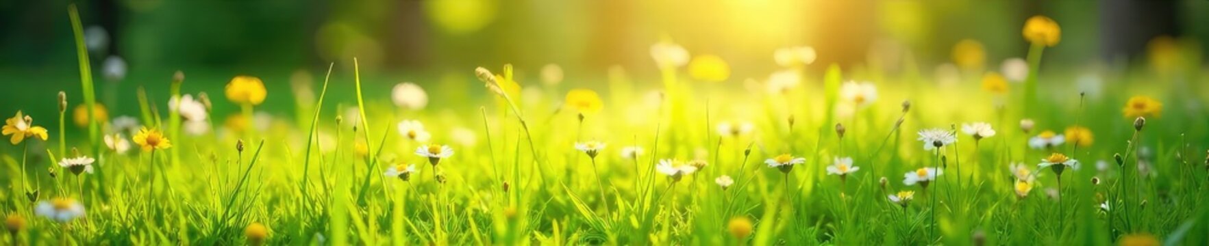 Sunlight dapples a vibrant green meadow bursting with wildflowers, a gentle breeze rustling through the tall grass  Perfect for spring themes, nature, and carefree vibes ,  sunshine,  vibrant