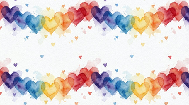 Seamless watercolor heart pattern with rainbow gradient colors in repeating rows, tiles into continuous background for Valentines Day, love, and celebration designs