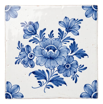 Blue floral pattern on a vintage ceramic tile