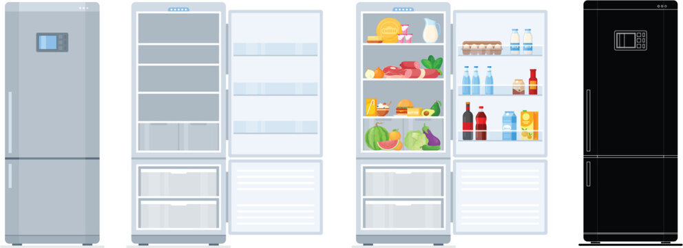 Modern refrigerators, closed and open with food items inside, vector illustration