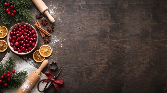 Christmas Baking Ingredients with Fresh Cranberries Cinnamon and Rolling Pin on Dark Wood Table Background Flat Lay with Copy Space for Text