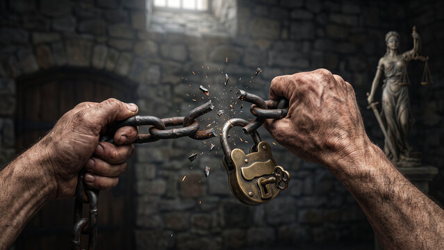 Hands breaking heavy iron chains with a padlock in a dark prison cell with Lady Justice statue in the background