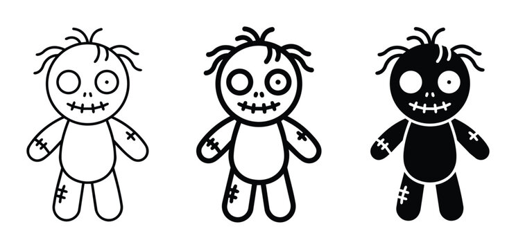 Creepy Voodoo Doll Icons, Spooky Halloween Character Vector Set, Black and White Horror Graphics