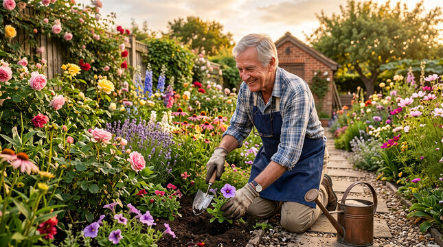 Happy senior man planting flowers in a vibrant blooming garden during sunset
