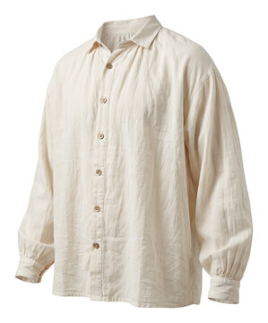 Cream long-sleeved button-up shirt with gathered cuffs