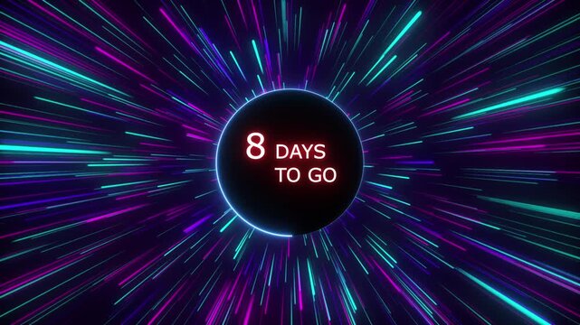 Neon 8 days to go animation. Neon counting number animation 8 days to go. line glowing on a black background. and creating a stunning 4k video.