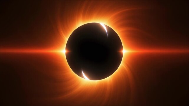 Abstract solar eclipse animation with glowing orange light rays and dark celestial sphere moon space
