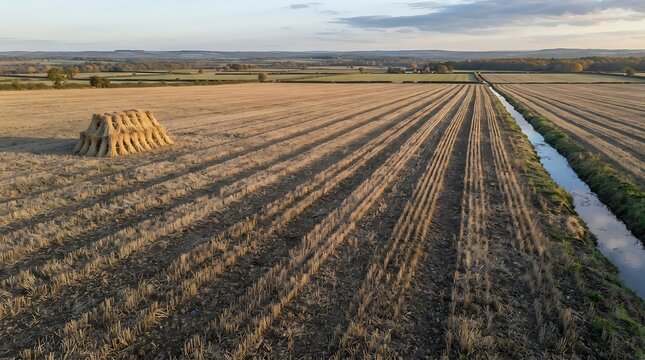 Harvested wheat field with straw bales and irrigation ditch at sunset
