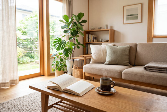 自然光が差し込むリビングで読書とコーヒーを楽しむ暮らし