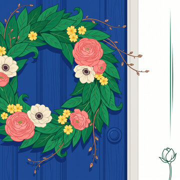Floral wreath on blue door with pink and white flowers and leaves  