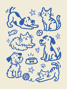Playful Cats and Dogs Naive Hand Drawn Vertical Print