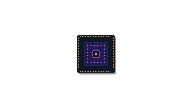 Premium 4K microstock motion graphic featuring an advanced geometric AI neural network processor chip with pulsing synaptic pathways, golden pin grid array, and seamless technical loop.