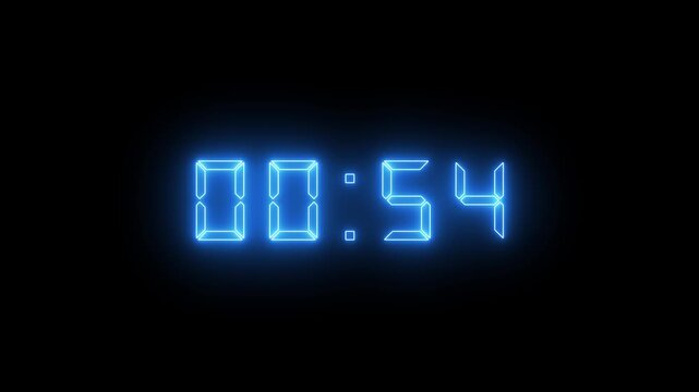 Glowing blue neon digital countdown timer 60 second to 0s animation