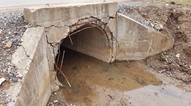 Damaged concrete culvert showing exposed rebar and cracks, needing urgent repair for infrastructure integrity