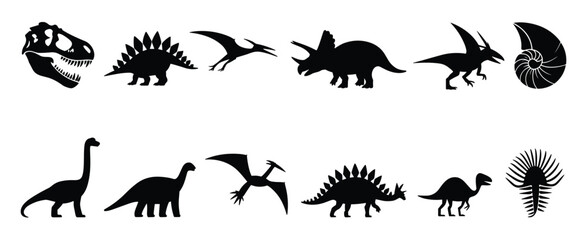 Set of black silhouettes of various dinosaurs and prehistoric creatures, isolated on a white background, collection of extinct animals, paleontology © Nargis