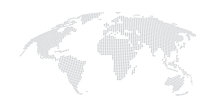 World Map, earth globe with dot pattern and 3d worldwide, halftone pixel texture for international business, geography, travel, and global concepts.  