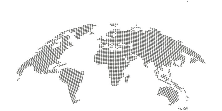 World Map, earth globe with dot pattern and 3d worldwide, halftone pixel texture for international business, geography, travel, and global concepts.  