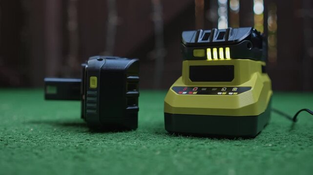 Power tool battery charging on station with spare battery nearby close up showing charging process and energy level on working surface