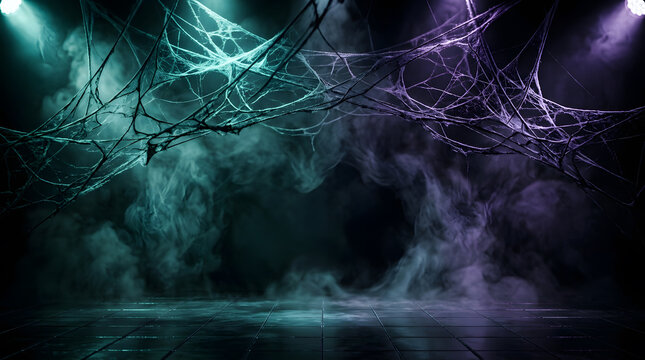 Spooky Halloween background with spider webs and smoke|Dark cinematic stage with teal and purple neon lighting|Haunted house interior with cobwebs and atmospheric fog