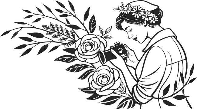 Black and white line of a woman holding a vintage camera surrounded by a floral arrangement of roses and leaves
