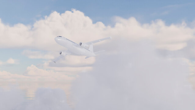 White airplane flying in the sky among clouds