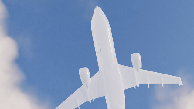 Airplane flying viewed from below in clear blue sky