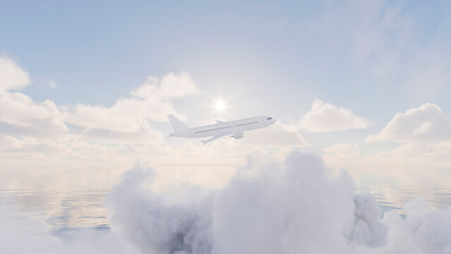 Airplane flying above clouds with sun shining and water reflection