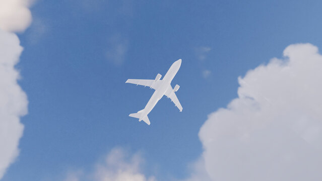 White airplane flying high in a clear blue sky