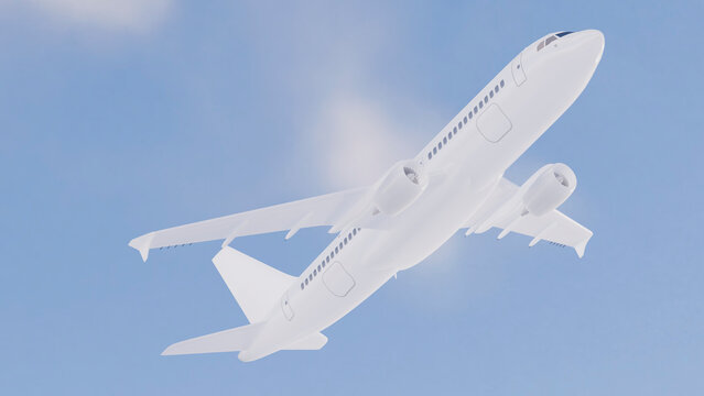 White commercial airplane flying in clear blue sky