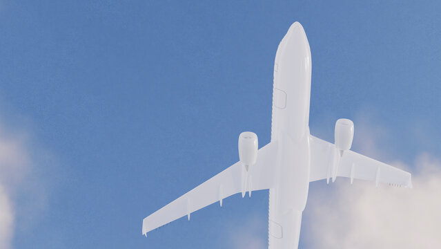 White commercial airplane flying in clear blue sky