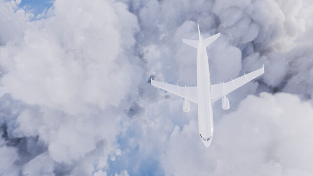 Airplane flying above clouds captured from aerial view