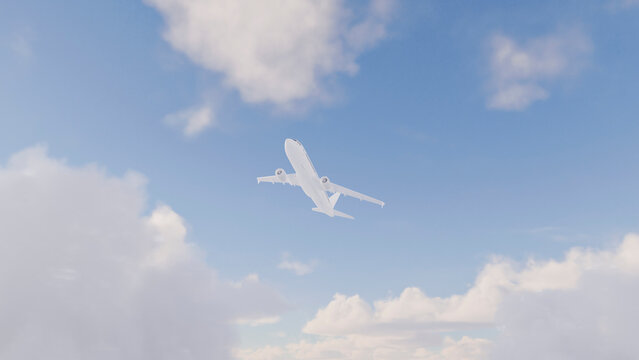 Airplane ascending in partly cloudy blue sky