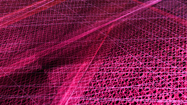 Abstract geometric network of intersecting pink lines on dark